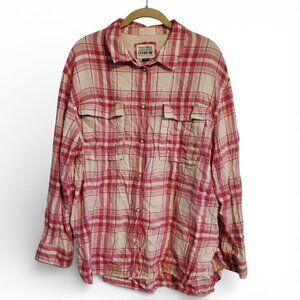 American Eagle Seriously Lived In Pink and White Plaid Flannel Long Sleeve Shirt